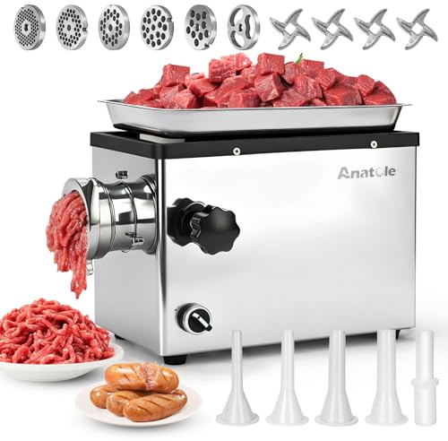 Anatole Commercial Electric Meat Grinder 1.8 HP 1300 W Heavy Duty Meat Bones Mincer Stainless Steel Sausage Stuffer with 6 Grinding Plate 4 Blades for Restaurant Hotel 110V