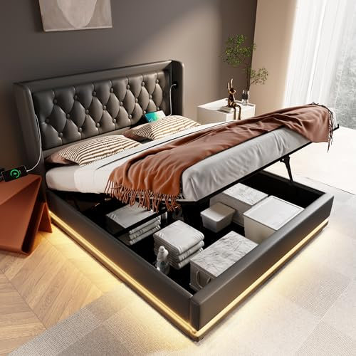 Polsterbett Doppelbett 180x200, LED Jugendbett Hydraulisch Stauraumbett Funktionsbett Bettgestell mit Stauraum & Lattenrost, Kopfteil mit USB Typ-C Ladefunktion & Staufach, PU (Schwarz, 180×200cm)