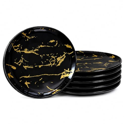 Loymokinar 7.5-Inch Ceramic Salad Plates Set of 6, Black Gold Marble | Microwave & Dishwasher Safe for Everyday Serving