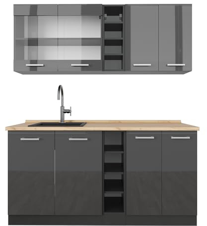 Vicco Singleküche R-Line, Anthrazit Hochglanz/Anthrazit, 160 cm | 6 Module · Höhenverstellbare Füße · Ohne Arbeitsplatte · Robuste Fronten · Mit offenen Regalen · Frei kombinierbar
