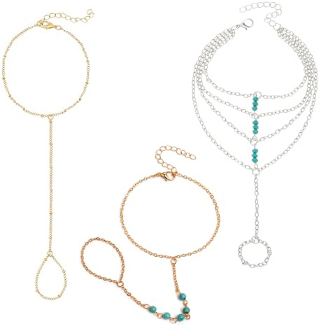 AMBEERT 3Pcs Ring Bracelet Hand Chain, Gold Silver Hand Chain, Adjustable Finger Bracelet Stylish Layered Hand Jewelry, Trendy Gift for Women and Girls (Gold and Silver)