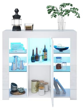 SONNI Kommode mit Tür, 6 Glasablagen, LED, 90x35x83cm, Hochglanz, Weiß | Sideboard mit Schrank, Komodenschrank, Küchenschrank, Aufbewahrungsschrank, Standschrank für Küche, Esszimmer, Wohnzimmer