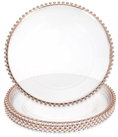 QUARKZMAN 6 plateaux de service transparents en lot pour dessert/dîner | 13 plateaux ronds en plastique avec bordure perlée, or rose, décoration de table pour mariage fête ou événement