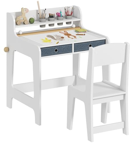 AIYAPLAY Bureau Enfant avec Chaise, 2 Tiroirs en Tissu, 3-8 Ans, Blanc