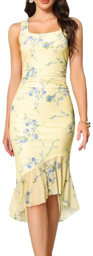 Allegra K Women Summer Floral Sleeveless Square Neck Bodycon Dress | Stretchy mesh fabric. Ruched detailing. Perfect for weddings, parties, and vacations. Fishtail hem design
