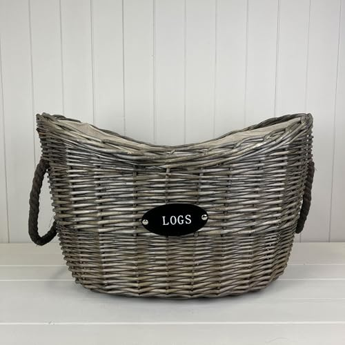 Oval Tapered Log Basket with Handles Wicker Firewood Storage Basket with Liner LOGS Plaque
