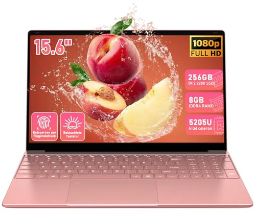 Trygood Laptop 15,6 Zoll, 8 GB RAM 256 GB SSD, Full HD IPS Notebook in Roségold, beleuchtete Tastatur, Fingerabdruck, Dual-Band WLAN, für Schule, Studium und Homeoffice