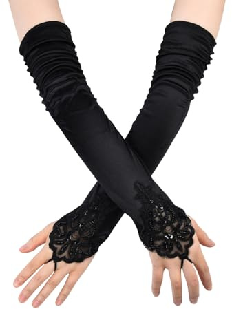 Libpttl Black Long Satin Fingerless Gloves Ruched Lace Elbow Length Opera Mittens for Women Evening Party Prom Halloween Fancy Dress Gothic Costume Accessories 45cm Stretchy Arm Warmer