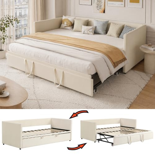 FUCMKON Schlafcouch Ausziehbar 90/180 x 200 cm,Tagesbett Bettrahmen,Schlafsofa mit Lattenrost,Polsterbett Sofa Bed 2 Seater,Ausziehbett Gleiche Höhe,Samt,Ohne Matratze (Beige E, 90/180x200cm)