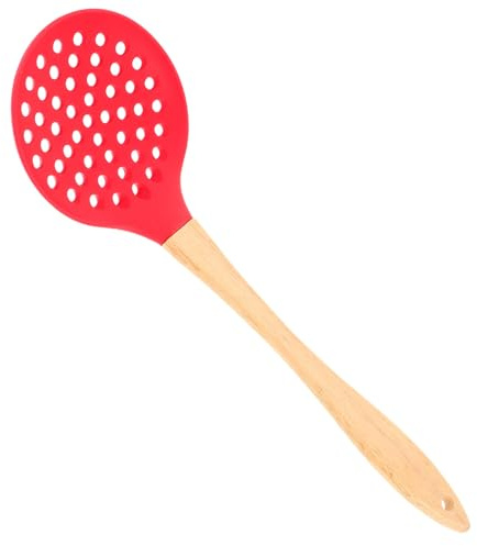 HOMSFOU Espumadera de Silicona Mango de Madera Rojo, Cuchara Ranurada Resistente al Calor para Filtrar Aceite y Servir Comida, Utensilio de Cocina Adecuado para Hogar y Estilo Aleatorio