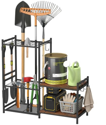 uyoyous Range outils de Jardin étagère à outils à 3 niveaux avec 6 crochets | organiseur d'outils de jardin pour stockage extérieur rangement grande capacité supprort de garage