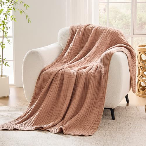 VANJOROY Musselin Tagesdecke 200x230cm-100% Baumwolle 6-Lagen Oeko-Tex Zertifizierte, Weiche Leichte Sommerdecke als Kuscheldecke, Bett-Überwurf, Baumwolldecke für Sofa und Bett. Kaffee