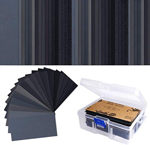 Sandpaper Assorted Wet/Dry, 102 Pieces 60 to 3000 Grit Sandpaper Assortment, 3 x 5.5 Inch Abrasive Paper Sheet with Free Box, for Automotive Sanding, Wood Furniture Finishing