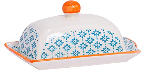 Nicola Spring Hand Printed Butter Dish with Lid - 18.5x12cm - Blue Vintage Floral Porcelain Kitchen Butter Dish Fridge Cheese Storage Container for Cheese, Margarine