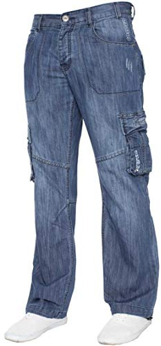Enzo Herr Cargo Combat Jeans Byxor Ledig Arbete Denim Byxor Alla Midjestorlekar, Mid stentvättad, 42 SE/Kort