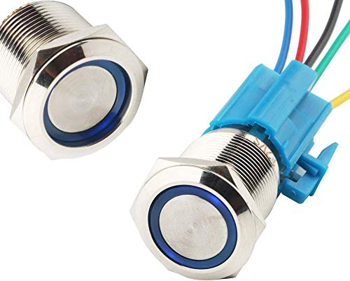 CESFONJER Beleuchteter Drucktaster und IP67 LED-Taster, Selbstsperrender Latching Drucktastenschalter, LED-Druckknopf für Auto mit 23cm Kabel Kit für 19mm Montagebohrung 12V Power (Blau)