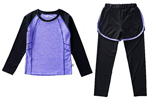 Echinodon Mädchen 2tlg Sport Set Schnelltrockend Langarmshirt + Hose mit Shorts Anzug für Yoga Jogging Training Violett 140