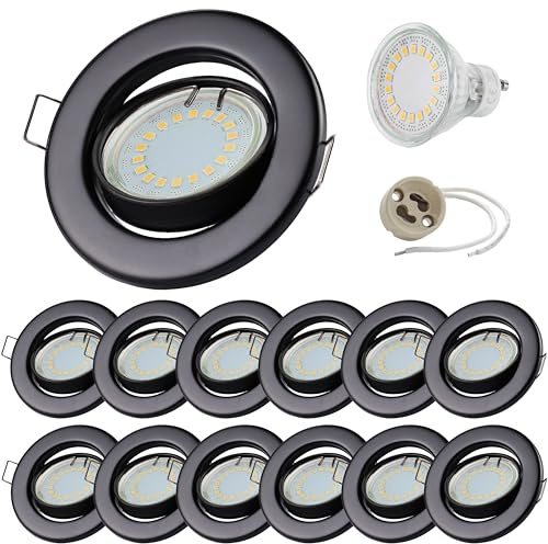 Sweet Led 12x Einbaustrahler GU10 230V - Deckenspots schwenkbar Schwarz-Matt Ø68mm – 5W LED 3000K Warmweiß – Einbauleuchten mit austauschbarem Leuchtmittel & Keramik-Fassung