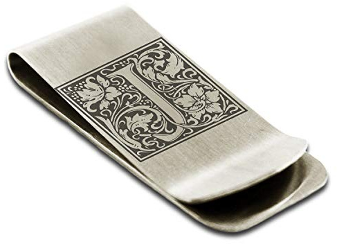FlameReflection Stainless Steel Money Clip For Men Dad Boy Friend Father Floral Initial Letter Box Monogram Wallet Cash Card Holder Letter J