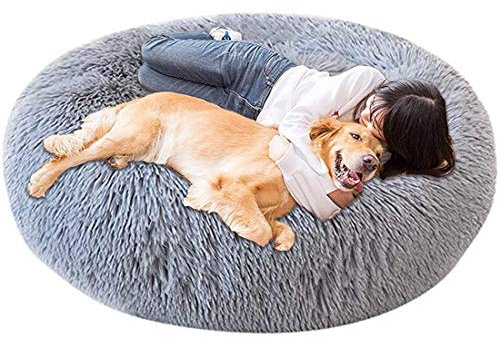 LINRUI Memory Foam XL Hundesofa Orthopädisches für Grosse Mittlere Hunde Hundekissen Waschbar Oval Hoch Hundebett Antistress Flauschiges Rund Kuschelig Hundehöhle XXL Donut Grau