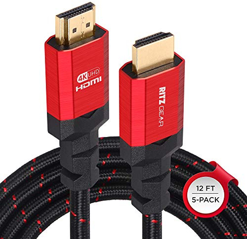 Ritz Gear 4K HDMI 2.0 Cable 12 ft. [5 Pack] 18 Gbps Ultra High Speed Braided Nylon Cord & Gold Connectors - 4K@60Hz/UHD/3D/2160p/1080p/ARC & Ethernet. Compatible with UHD TV/Monitor/PC/PS5/Xbox