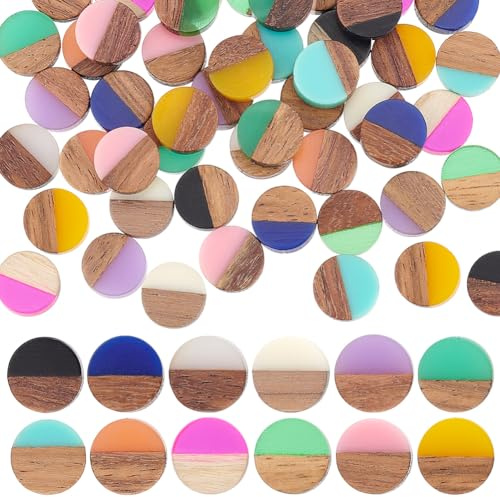 PandaHall 48 Stück 12 Farben Geometric Resin Cabochons, 10mm Flache Runde Geometrische Rhombus Holzharz Cabochons Vintage Harz Holz Statement Für Halskette Ohrring Schmuck Fundstücke