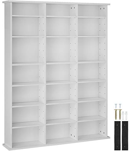 tectake® CD Regal, DVD Ständer, Raumteiler Schrank, Wand Regale Weiß, 18 Einstellbare Zwischenböden, Manga Aufbewahrungssystem - Weiß Matt