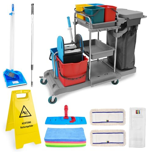 Hypafol Profi Putzwagen mit 100l Leinensack I Praktisches Reinigungsset mit 2x18l & 4x5l Eimern I Stabile Mopp-Presse & Halterung für Besen & Lappen I Set mit 3 x 40 cm Wischmopp & 12 x Mikrofasertuch