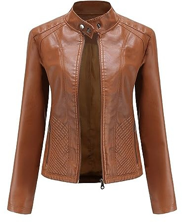 YFFUSHI Giacca bomber da donna in finta pelle da motociclista cappotto a maniche lunghe con cerniera casual, Cammello, XXL