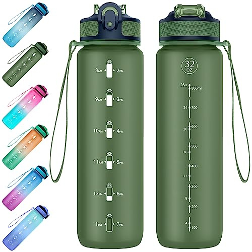 EYQ 1L Water Bottle, 1 Litre Water Bottle with Straw, 32oz Leak-Proof Motivational Sports Drinks Bottle with Time Marker, Tritan BPA-Free, Drinking Waterbottles for Gym Outdoor Sports