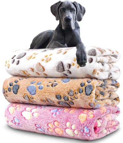 Dog Blankets for Medium Large Dogs, 3 Pack Dog Blanket Washable 41 x 31, Fuzzy Soft Pet Mat Throw Cover for Kennel Crate Bed, Cute Paw Pattern, Cat Blanket, Blankets for Dogs, Pet Blanket