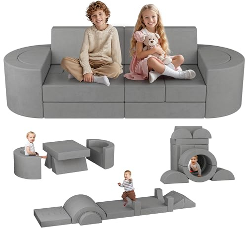 Betterhood 16pcs Modular Kids Play Couch, 1000+DIY Versatile Child Sectional Sofa for Playroom Bedroom, Convertible Foam Cushion for Boys & Girls, Grey