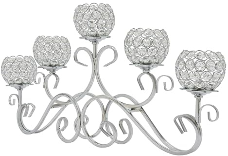 Crystal Candle Holder with 5 Arms Sliver Crystal Bowl Tealight Holder Candelabra,Table Centerpieces for Dining Room Living Room Tea Light Candle Holders Wedding Coffee Home Decor Christmas Decorations
