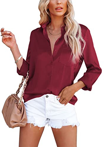 Homlan - Camicia da donna elegante con scollo a V, in raso, a maniche lunghe, casual, con tasca sul petto, Vinaccia, S