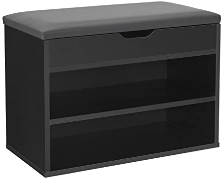 Juskys Schuhregal mit Klappdeckel und gepolstertem Sitz 60x30x44 cm - Schmale Sitzbank aus Holz mit Schuhablage und Polster — Schwarz-Hellgrau