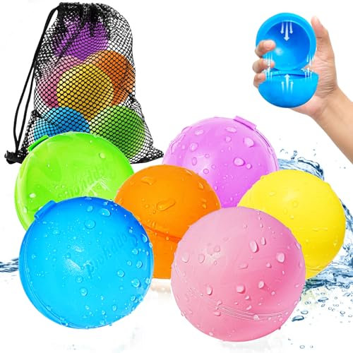 Wasserbomben Wiederverwendbar, 6 Stück Wiederverwendbare Wasserballons Selbstschließend mit 1 Mesh Bag für Wasserschlachten & Familienaktivitäten, Pool Wasserspielzeug Outdoor Spiele für Kinder