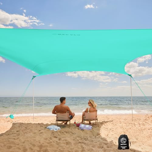 WEKAPO Strandtält solskydd, 20 x 20 cm strandbaldakin med 4 förlängda stolpar, 15 cm hög, strandsemester solskydd för familj och camping, UPF 50+ skydd, turkos
