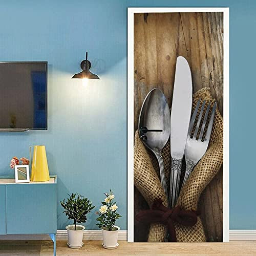 3D Vintage Silber Besteck 90 X 200 Cm Wohnzimmer Türtapete Wandbilder Selbstklebend Tür Poster Vinyl Entfernbar Mauer Aufkleber Zuhause Dekor - Kinderzimmer Wohnzimmer Küche Schlafzimmer Tür Fotos