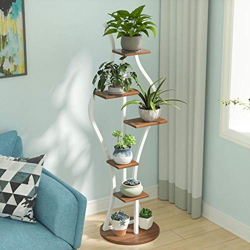 AFLCIO 6-stöckiges Blumenregal 7 Töpfe Pflanzenständer aus Holz Gartenhalter Display Regal Multifunktionales Lagerregal Bücherregal Metall Pflanzenständer Blumentöpfe, Weiß + Braun