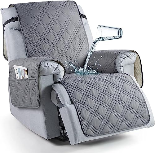 LINGKY Sesselschoner für Fernsehsessel, 100% Wasserdicht 1 Sitzer Sesselschoner, Anti-Rutsch Sesselauflage Relax mit Taschen Waschbar Sessel Überwürf Sesselbezug (Hellgrau,1-Sitzer)