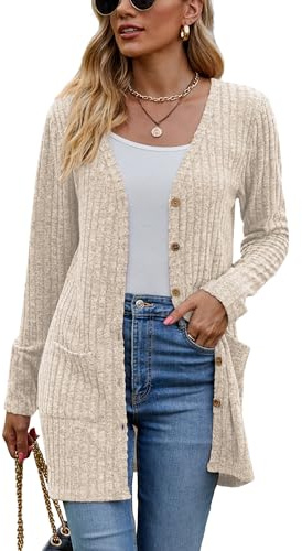 Famulily Women's Long Sleeve Open Front Cardigans, Button Down V Neck Lightweight Outwear Jumpers with Pockets, Solid Rayon Polyester Spandex, S-XXL, Beige/Black/Blue/Army Green/Khaki/Red/Wine