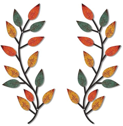 Zhengmy 2 Pieces Metal Tree Leaf Wall Decor Vine Olive Branch Leaf Wall Art Living Room, Hallway Wall Decor Outdoor Decoration(Lively Colors)