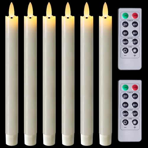 Homemory Waxy Flameless Taper Candles with Remote Timer Dimmer, LED Candlesticks Flickering, Battery Operated Window Candles, 9.6 Inches for Christmas Wedding Celebration Decor, Ivory, 6 Pcs