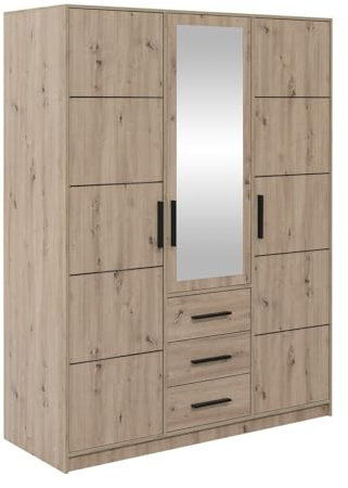 Mirjan24 Drehtürenschrank Kerkon 3D, Kleiderschrank mit 3 Schubladen, Kleiderstangen und Spiegel, Elegantes Schlafzimmer Schrank, Jugendzimmer (Artisan Eiche, ohne Schrankaufsatz)