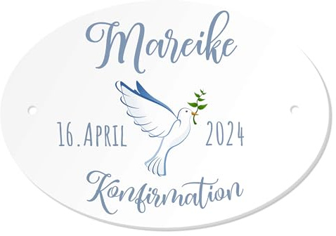 Personalisiertes Namenschild zur Konfirmation Taube blau Türkranz Deko Eingangsbereich
