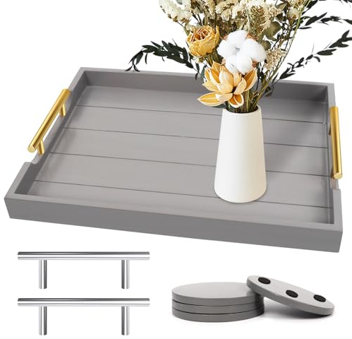 SXNOWS Wooden Serving Tray with 2 Sets of Handles,Large Ottoman Tray for Living Room, Rectangular Wood Tray for Coffee Table, Modern Farmhouse Kitchen Decor, 4 Round Coasters Included,Gray
