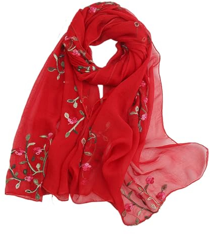 MIATCENRT Chiffonschal Für Damen – Leichter Damenschal, Mit Pfirsichblüten Bestickter Chiffonschal, Weicher Schal, Modische, Elegante Schals Als Geschenk Für Frauen, Weinrot, 75 X 180 Cm