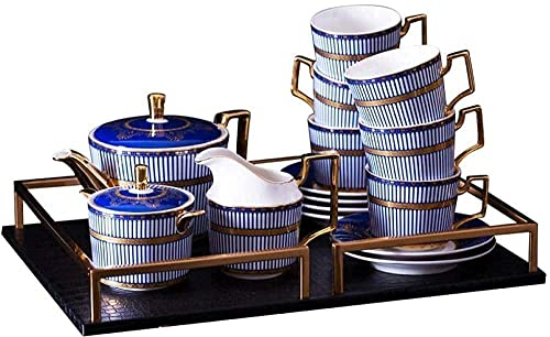 sjdoPulse Tetera Estilo Corte Japonés, Juego De Tazas De Café Azul Europeo Juego De Té De La Tarde Simple Chino E Inglés Juego De Té Dorado En Relieve para El Hogar