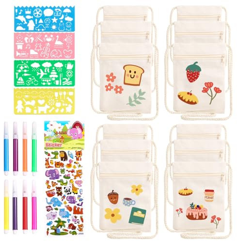 LEMESO 12 Stück Stoffbeutel zum Bemalen für Kinder DIY Blanko Stoffbeutel mit Tieraufklebern, 8 Buntstift, 4 Schablonen malen Geschenk für Schulkind Geburtstag Party