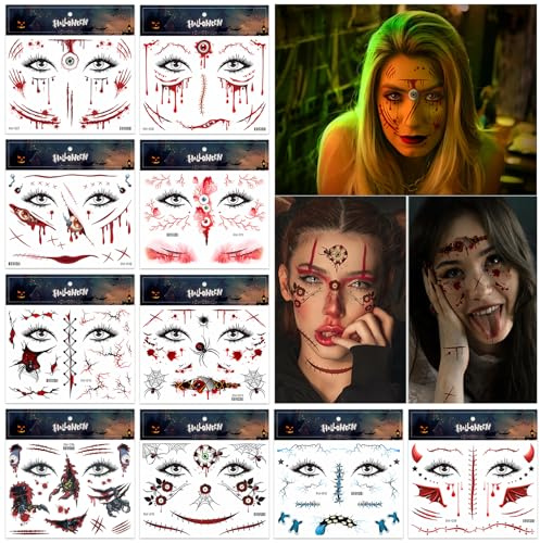 GreenYeah Halloween Gesich Tstattoo, 10 Blätter Narben Tattoos, Halloween Mund Tattoo, Spinnen Zombie Vampir Hexen Horror Narben Wunden Gruselig Gesichtstattoo, Halloween Temporäre Tattoos Narben